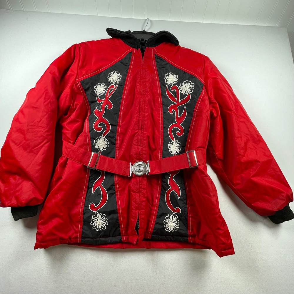 Vintage Red Black Floral Embroidered Belted Ski Jacket Retro Quilted Puffer